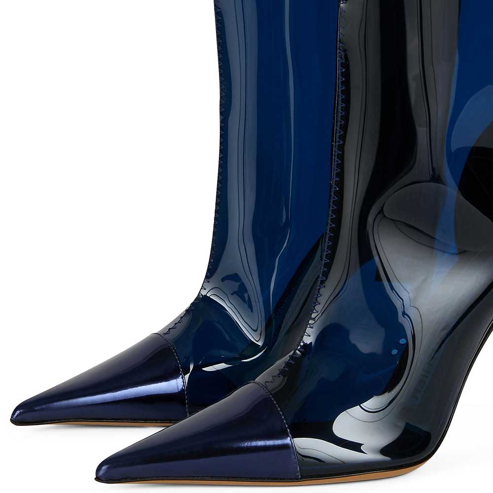 Navy Pointed Toe Iridescent Stiletto Heel Knee High Boots with Zipper