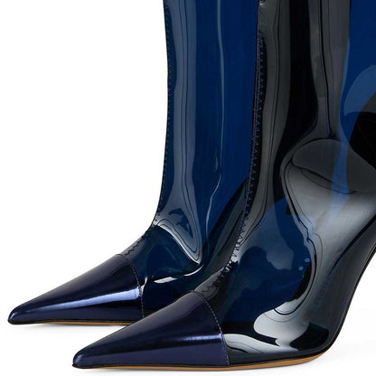 Navy Pointed Toe Iridescent Stiletto Heel Knee High Boots with Zipper