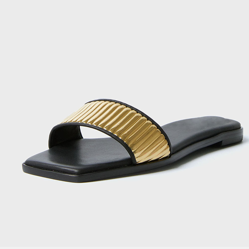 FSJ Black Open Square Toe Gold Textured Flats Slides for Women