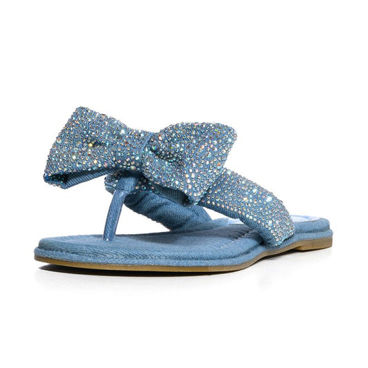Blue Denim Open Toe Rhinestones Bow Thong Sandals Flat Mules