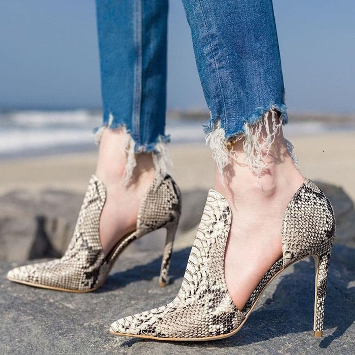 Women's Snake Skin Stiletto Heels Pointy Toe Pumps