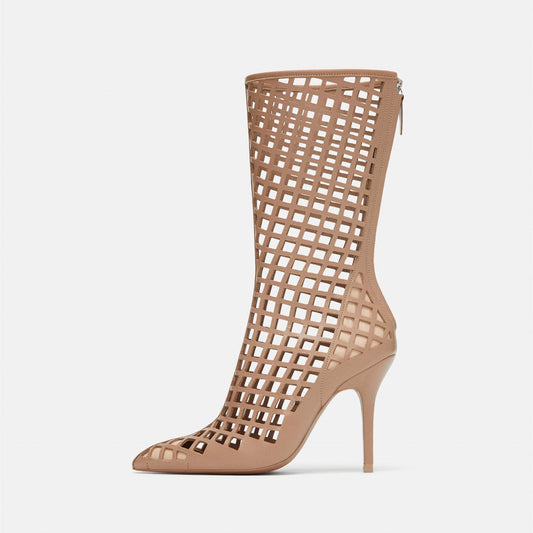 Nude Closed Toe Zip Closure Caged High Heel Mid Calf Boots for Women