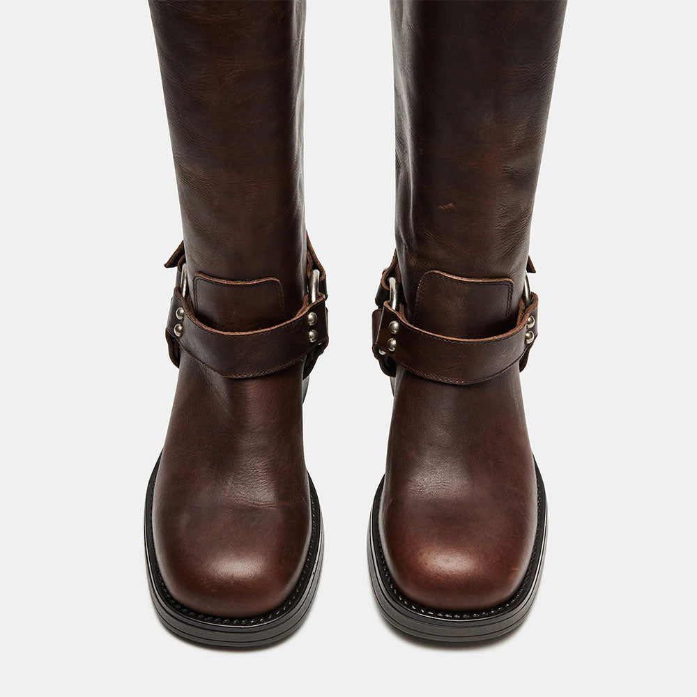 Brown Chunky Heel Buckle Strap Faux Leather Motorcycle Mid Calf Boots