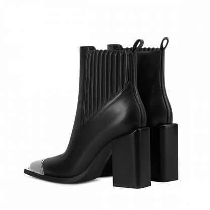 Women's Black Chunky Heel Silver Cap Toe Side Zip Ankle Boots