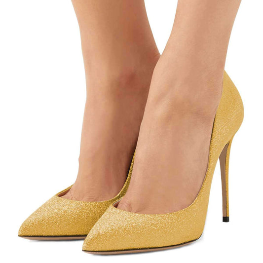 Yellow Glitter Shoes Stiletto Heel Pumps