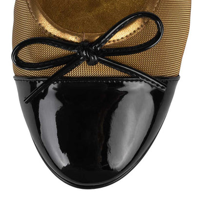 Black & Gold Mesh Round Toe Ballet Flats with Bow