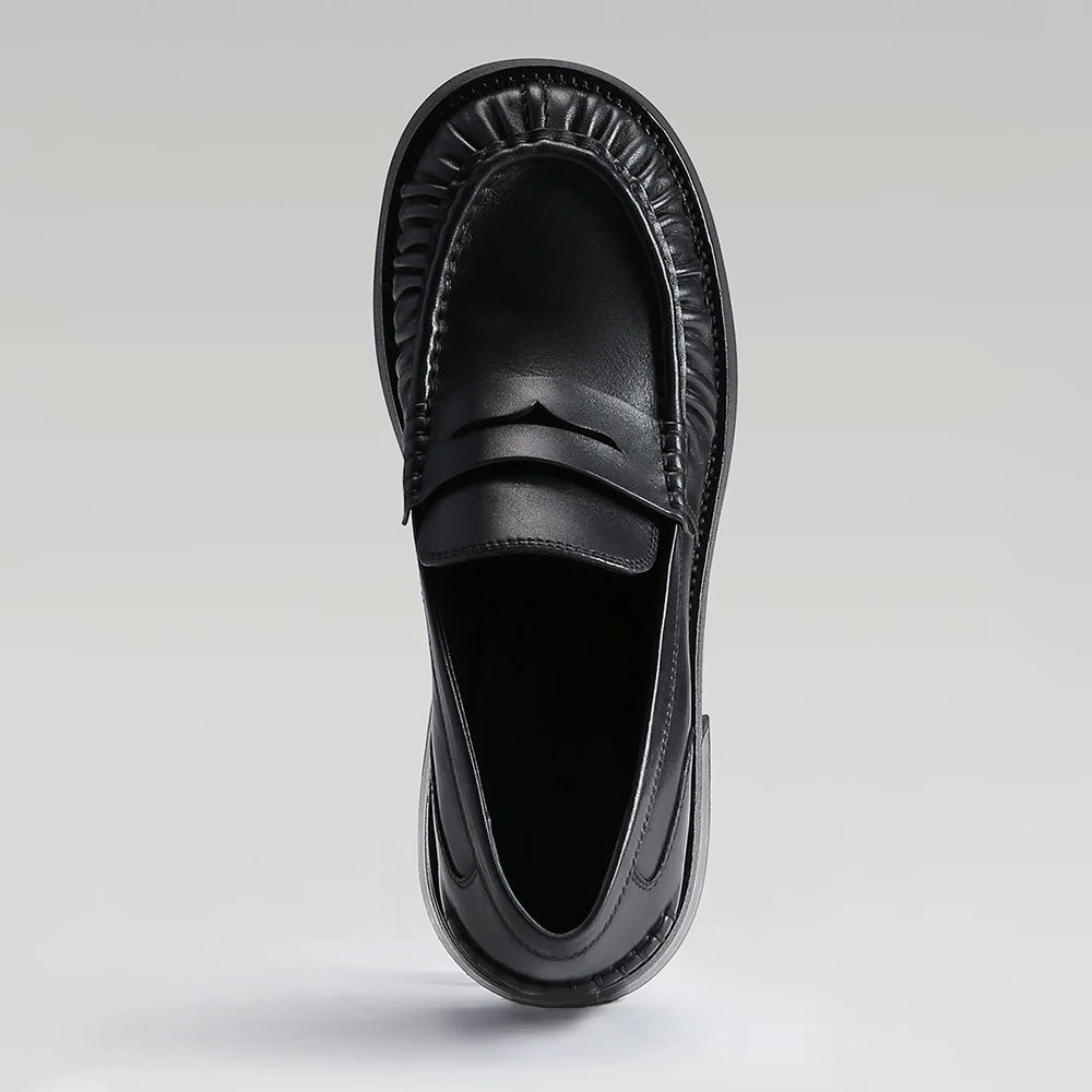 Black Round Toe Pleated Details Chunky Heel Platform Loafers