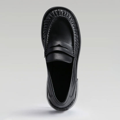 Black Round Toe Pleated Details Chunky Heel Platform Loafers