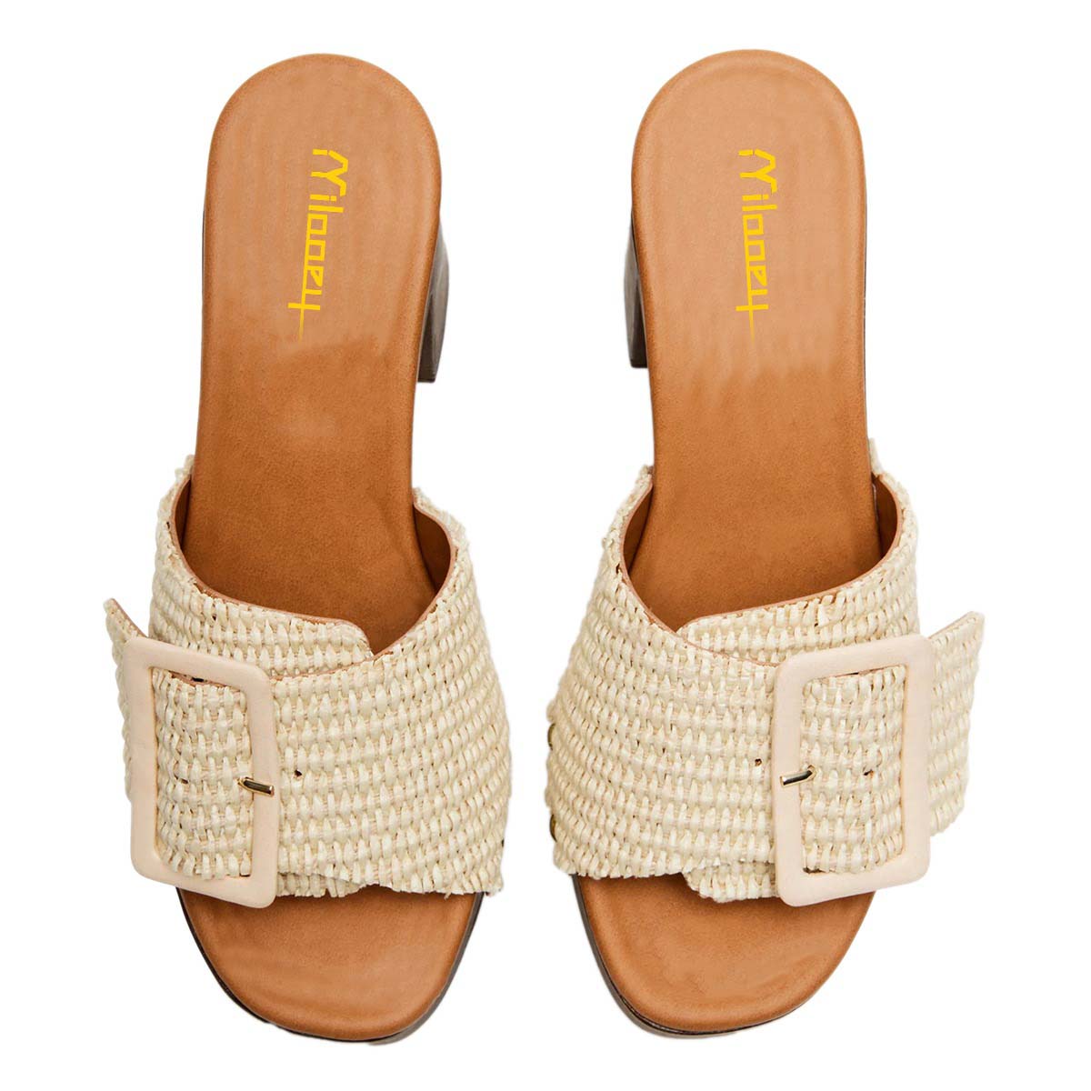 Beige Raffia Woven Open Toe Buckle Platform Mules Sandals with Studs
