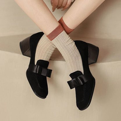 Black Faux Suede Square Toe Chunky Heel Loafers with Bow