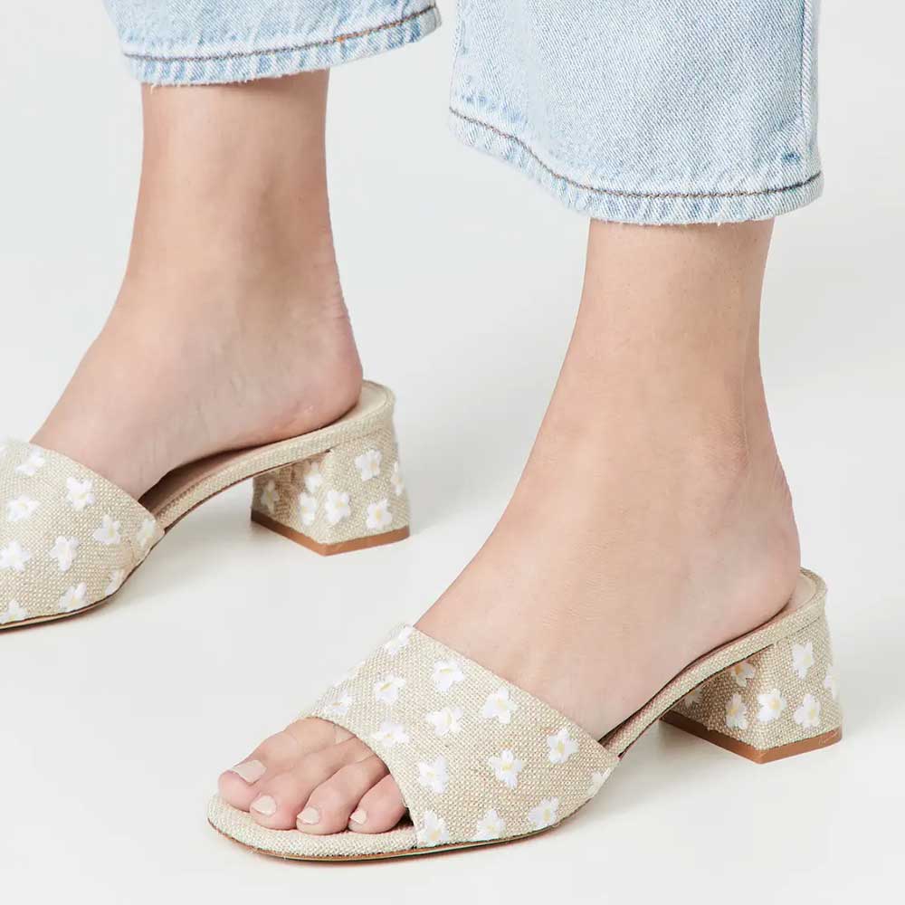 Beige Burlap Open Toe Daisy Embroidered Block Heel Mules Shoes