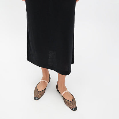 Black Square Toe Side Cut Design Perforated Mesh Flats with Strap