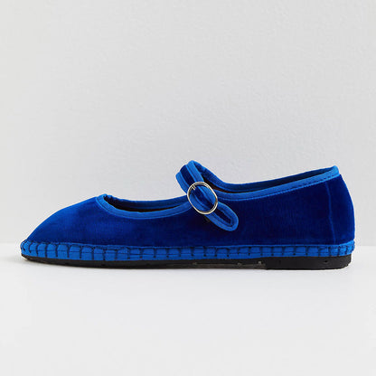 Blue Velvet Round Toe Buckle Strap Mary Jane Flats