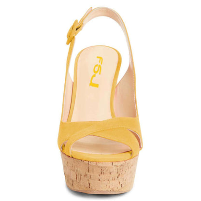Yellow Vegan Suede Platform Wedge Heels Slingback Sandals