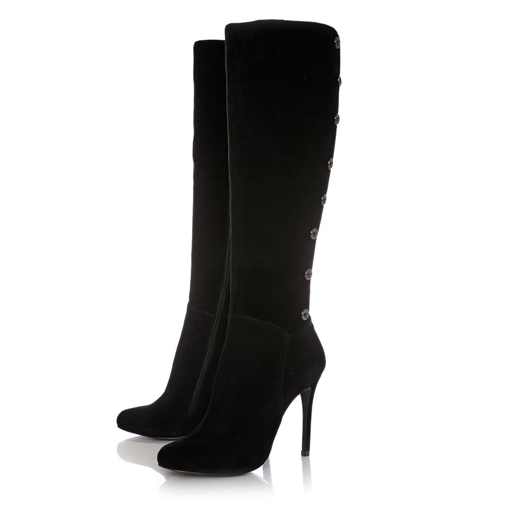 Black Vegan Suede Metal Button Knee High Boots