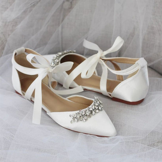White Satin Bow Lace Up Rhinestone Wedding Flats