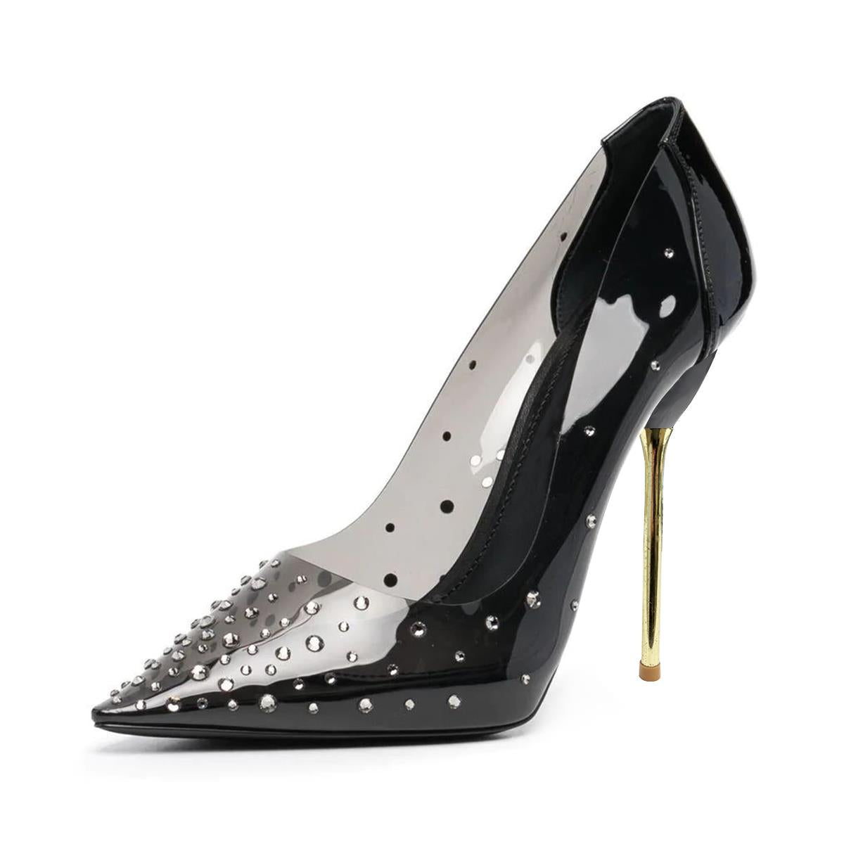Women's Trendy PVC Splicing Pointed Toe Rhinestone Pumps Heels
