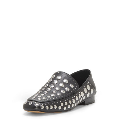 Black Square Toe Fashion Flat Women's Loafers with Silver Studs