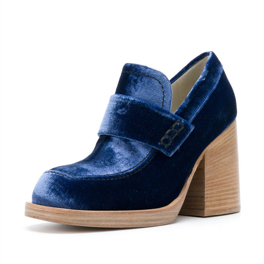 Navy Velvet Round Toe Block Heeled Loafers for Women