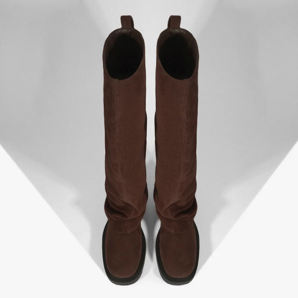 Vegan Suede Low Heel Fold Over Round Toe Knee High Boots in Brown