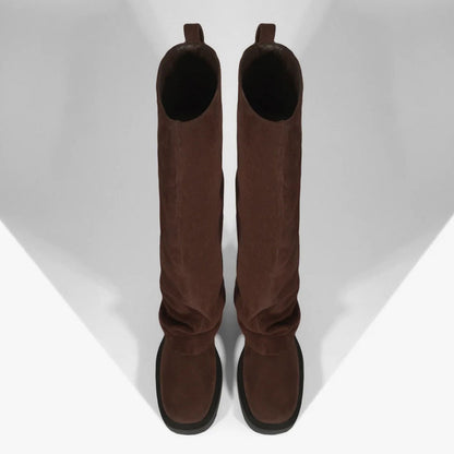 Vegan Suede Low Heel Fold Over Round Toe Knee High Boots in Brown