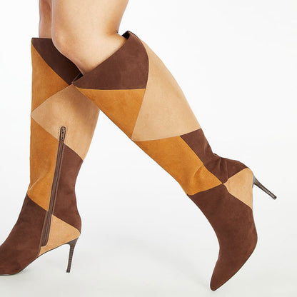 Brown Vegan Suede Patchwork Pointed Toe Stilettos Knee High Boots