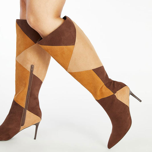 Brown Vegan Suede Patchwork Pointed Toe Stilettos Knee High Boots
