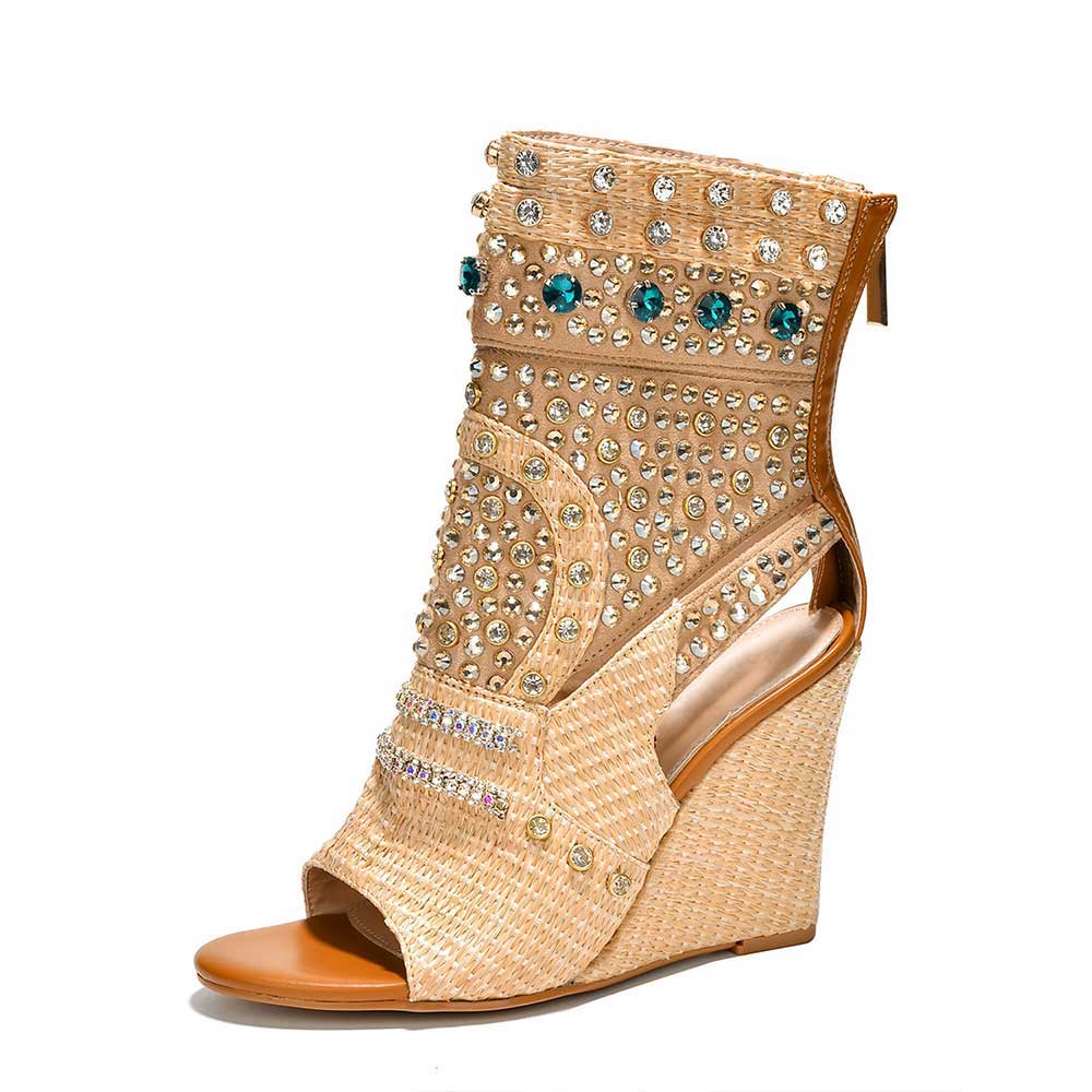 Nude & Beige Woven Wedge Heel Rhinestone Embellished Open Toe Boots