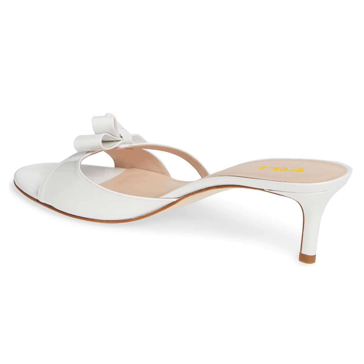 White Patent Leather Bow Kitten Heels Mules Sandals