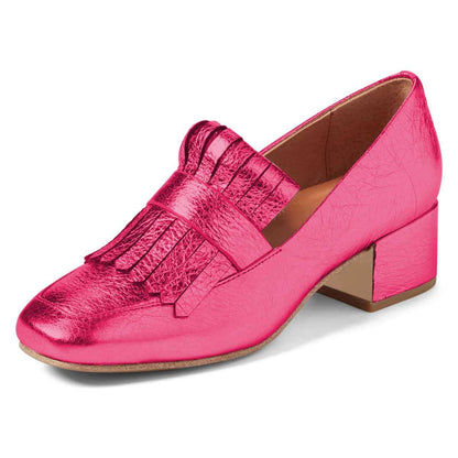 Hot Pink Square Toe Block Heel Slip-On Fringe Women's Loafers