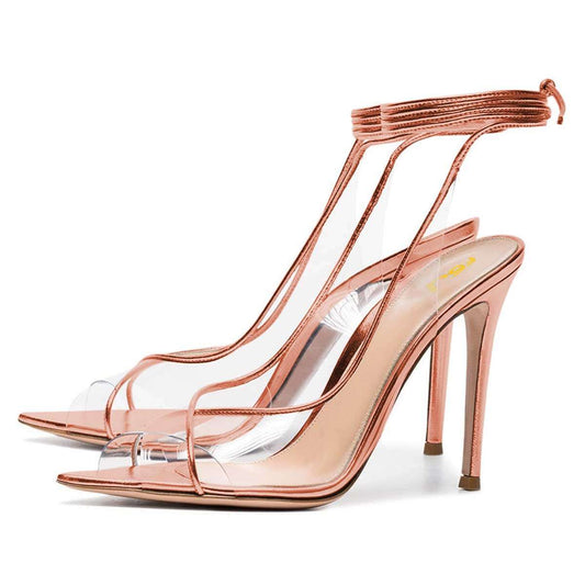 Women's Strap Around Ankle Clear Heels Metallic Peep Toe Pumps