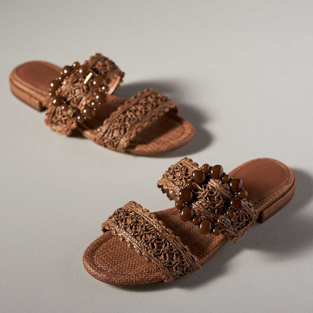 Brown Vegan Leather Round Toe Flat Buckle Strappy Comfy Slippers