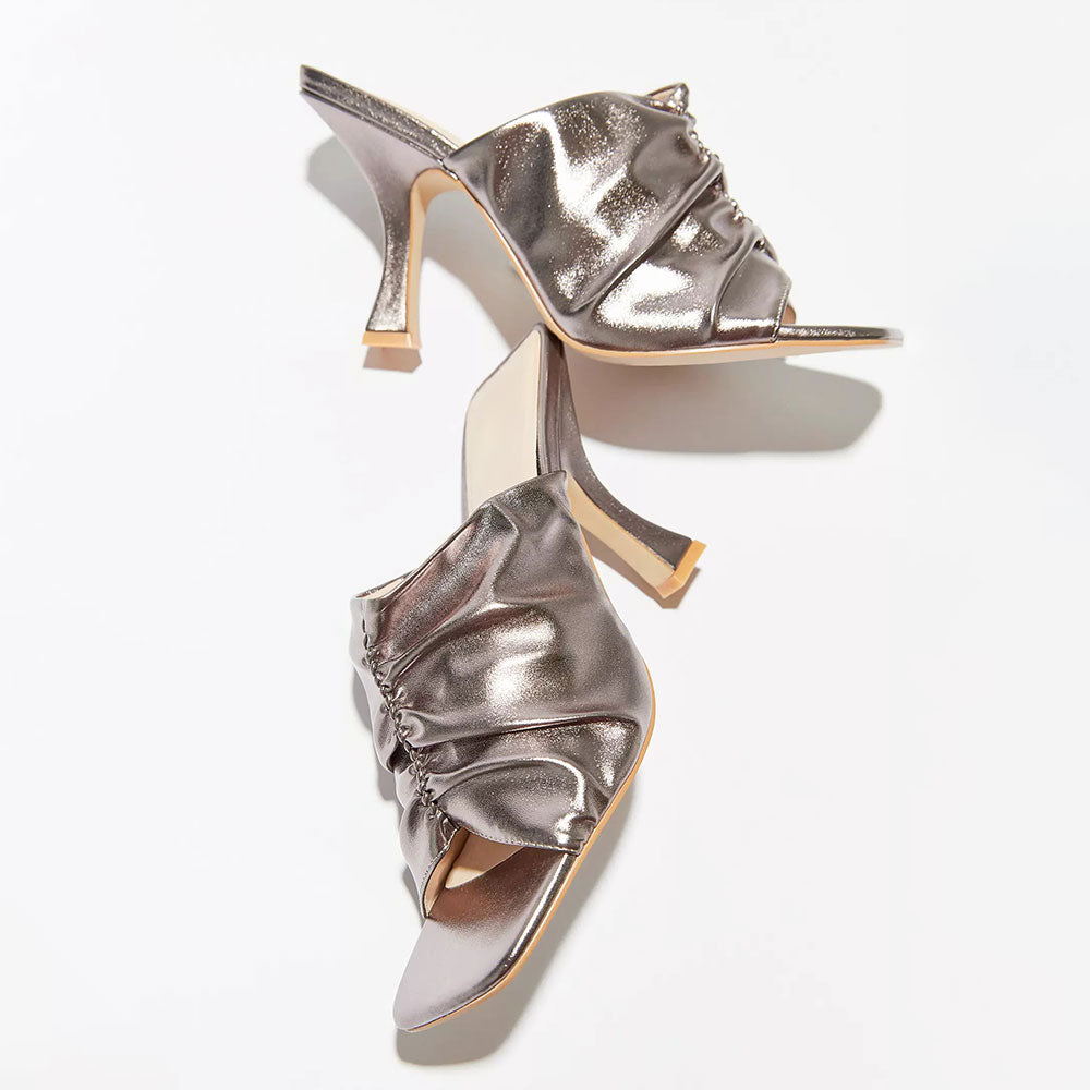 Stylish Silver Metallic Square Toe Flared Heel Ruched Mules for Women