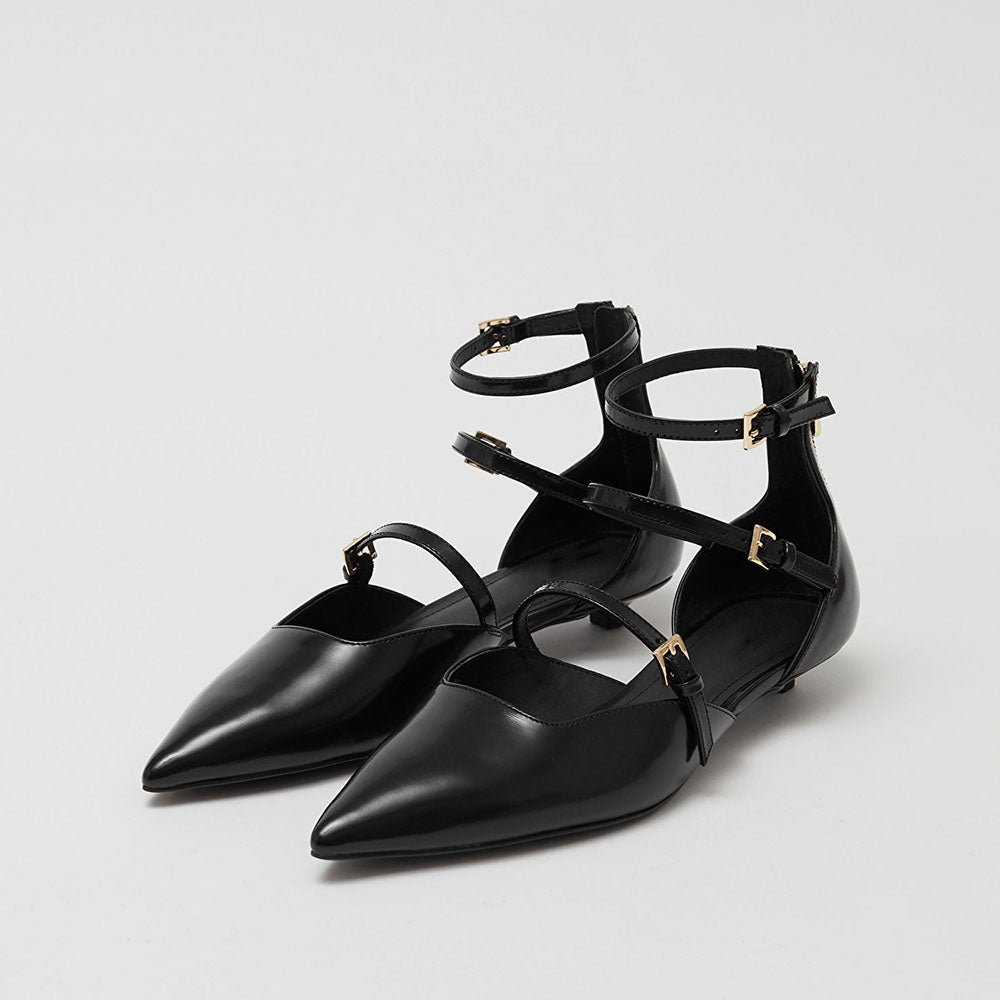 Women's Pointed Toe Buckle Multi-Strap Flat Black Pumps