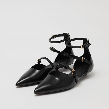 Women's Pointed Toe Buckle Multi-Strap Flat Black Pumps