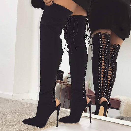 Black Vegan Suede Thigh High Lace Up Stiletto Heel Boots