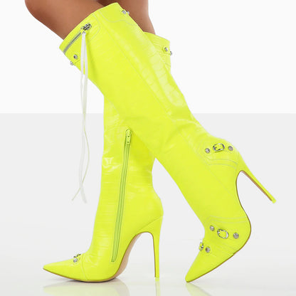 Neon Yellow Pointed-Toe Studded Zip Stiletto Heel Knee High Boots
