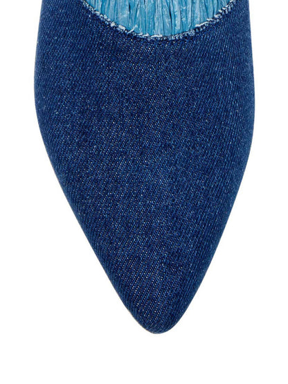 Women's Blue Denim Fringe Pointed Toe Flat Mules