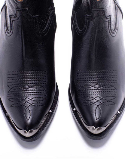 Black Vegan Leather Pointed Toe Side-Zipped Block Heeled Cowgirl Ankle Boots