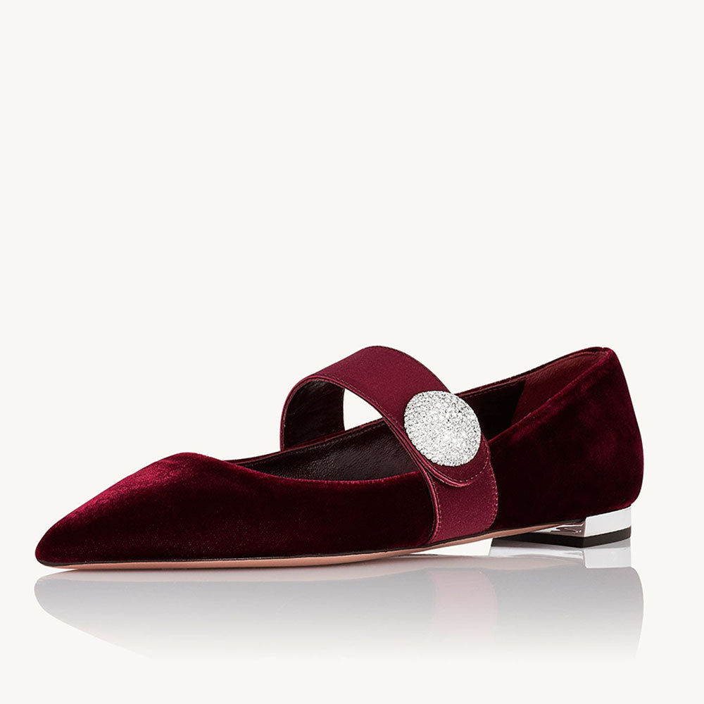Maroon Velvet & Satin Pointed Toe Mary Jane Flats