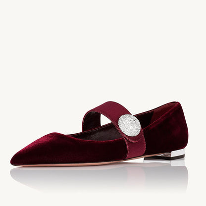 Maroon Velvet & Satin Pointed Toe Mary Jane Flats