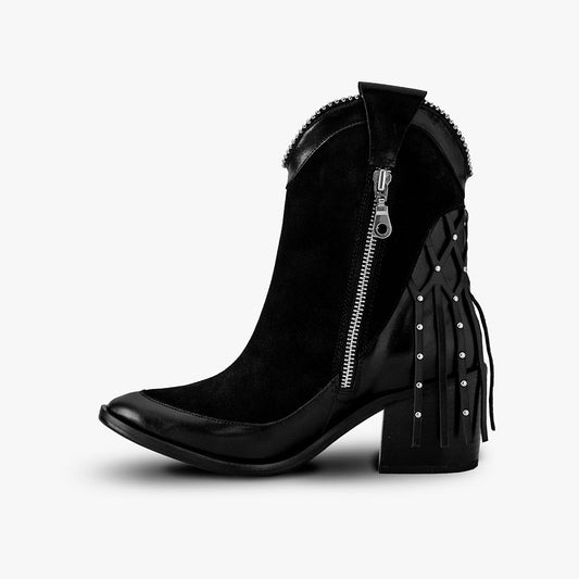 Black Pointed Toe Chunky Heel Side-Zipped Western Ankle Boots