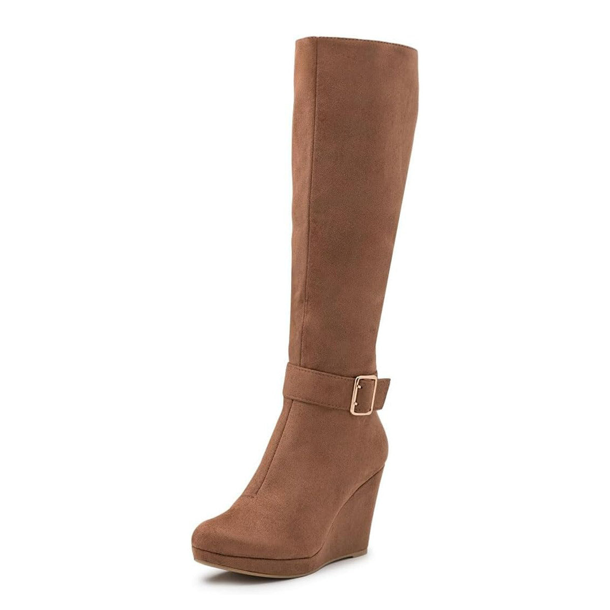 Brown Round Toe Buckle Strap Wedge Heel Platform Knee High Boots