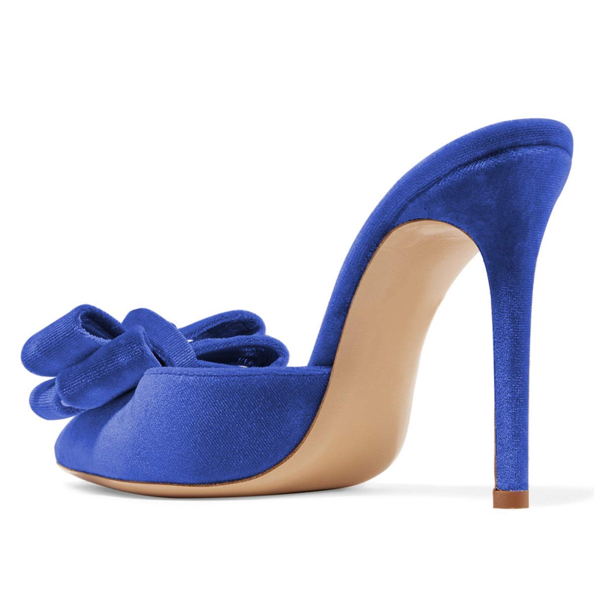Women's Blue Velvet Bow Stiletto Heel Mules Shoes