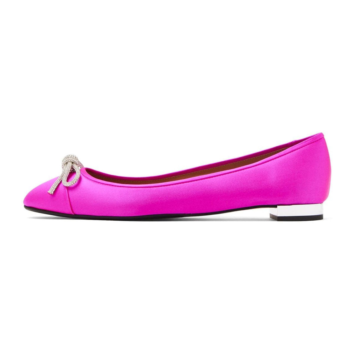 Satin Rhinestone Bows Round Toe Slip-On Ballet Flats in Fuchsia