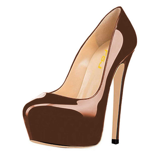 Women's Patent Leather Round Toe Platform Pumps Heels in Brown