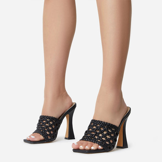 Black Open Square Toe Woven Band Flared Heel Mules Sandals