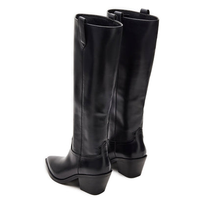 Black Vegan Leather Pointed Toe Chunky Heel Knee High Boots for Women