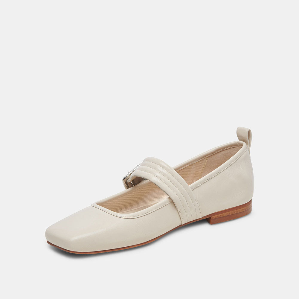 Ivory Patent Leather Square Toe Mary Jane Ballet Flats with Buckle