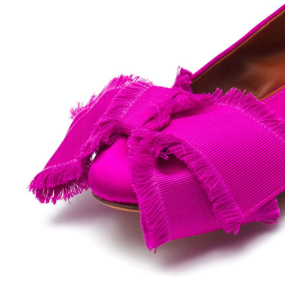 Fuchsia Satin Almond Toe Bow Decor Ballet Flats for Women